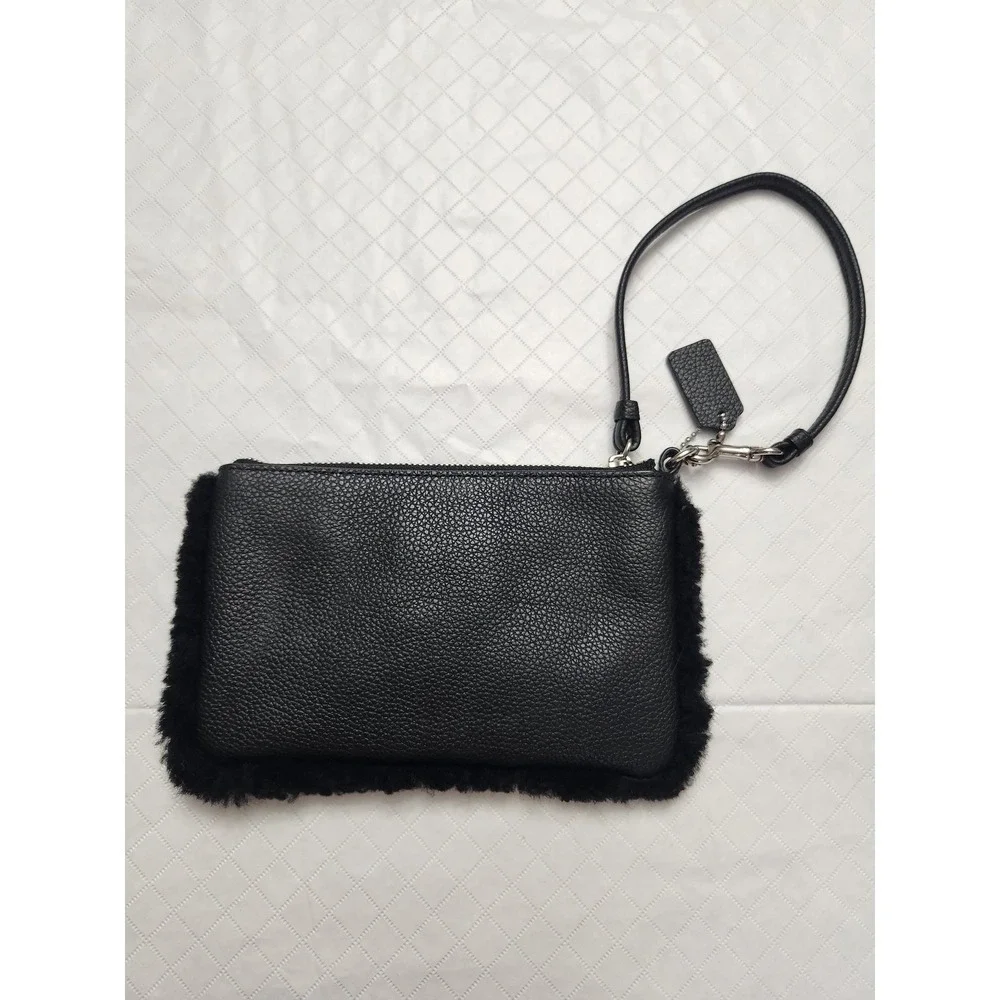 Coach Clutch Wristlet Womens Small Black Leather Shearling Pouch Wrist Strap